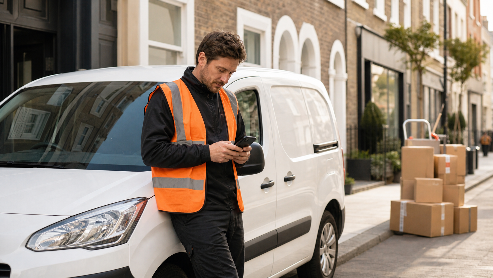 Courier driver checking temporary vehicle insurance scope before business use