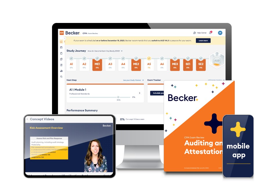 Becker CPA Exam Review course shown on a desktop, tablet, phone, and printed textbook