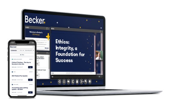 Becker CPE ethics course shown on a laptop and phone