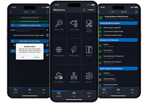 BlueDriver app dashboard screens for diagnostics