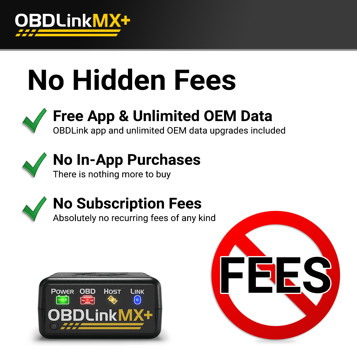 OBDLink MX+ official no hidden fees image for app and data cost comparison